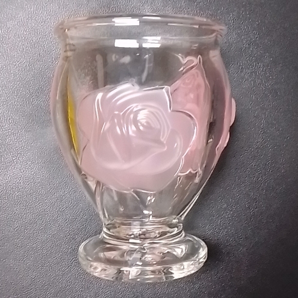 Teleflora Glass Made In France Clear Pink Frosted Raised Roses 6" Footed Vase - Picture 1 of 8